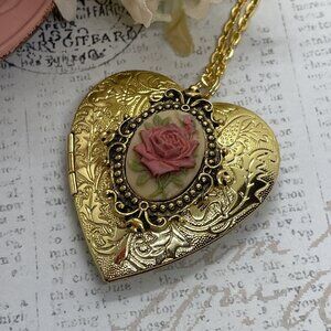 Gold Heart Locket Cameo Birthday Anniversary Wedding Rose Mauve Peach Necklace